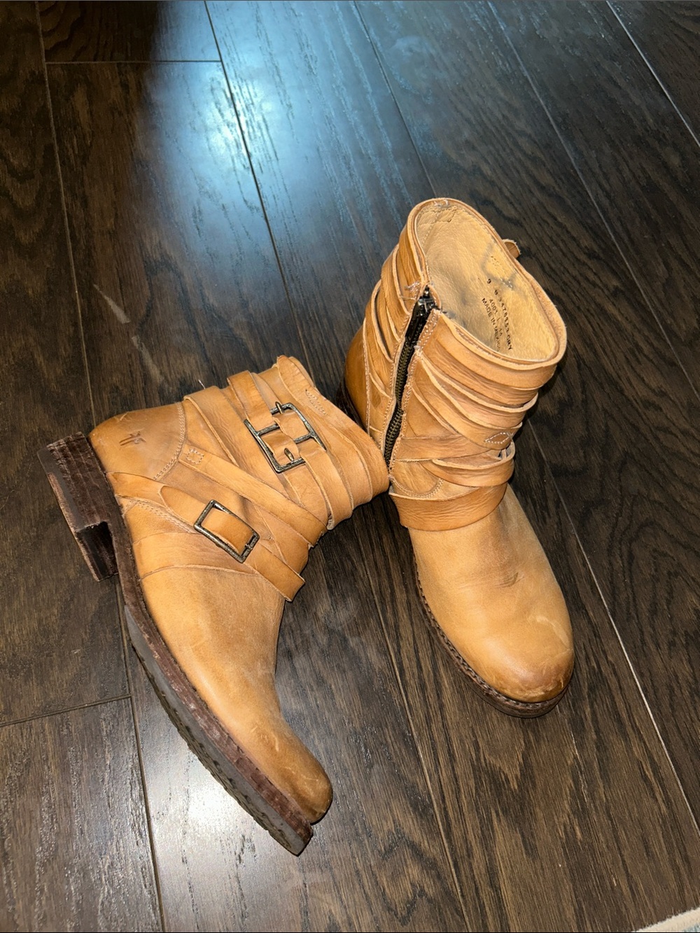Frye Tan Leather Strappy Buckle Ankle Boots